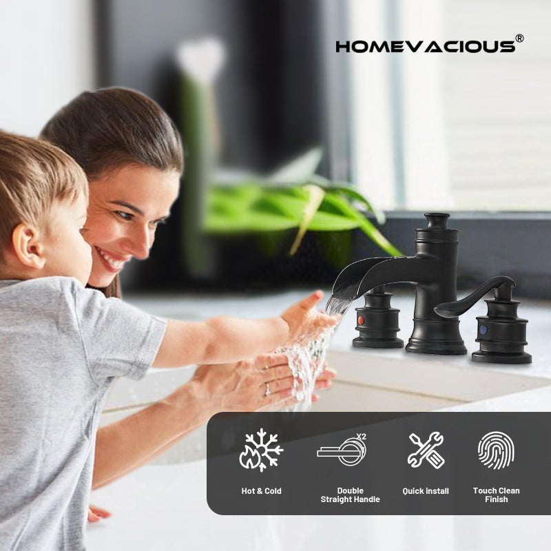 Homevacious 8 inch Widespread Bathroom Faucet 3 Hole 2 Handle Black Farmhouse Waterfall Bathroom Sink Faucet with Pop Up Drain Sink Vanity Basin Mixer Tap with Overflow Lavatory Supply Line by Homevacious - Image 2